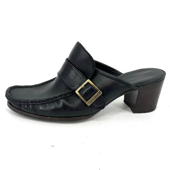 Timberland Women's Black Leather Mule Block Heel Shoes Buckle (9M) - Picture 1 of 9
